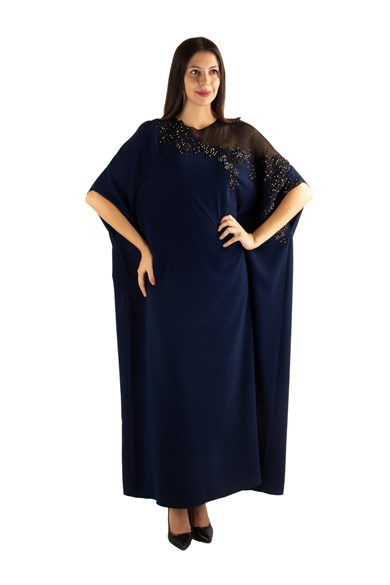 Batwing Sleeve Long Big Size Dress With Lace and Tulle Detail