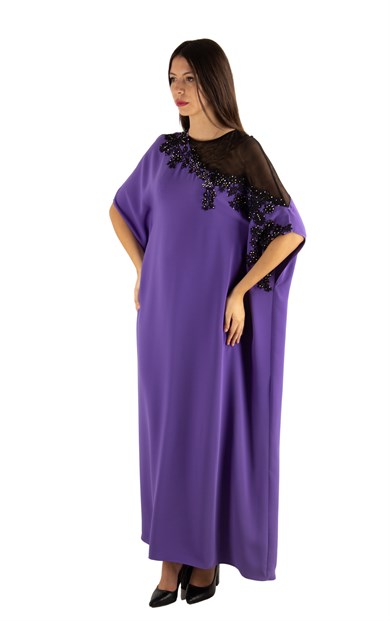 Batwing Sleeve Long Big Size Dress With Lace and Tulle Detail - Violet