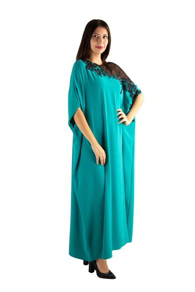 Batwing Sleeve Long Big Size Dress With Lace and Tulle Detail - Benetton Green