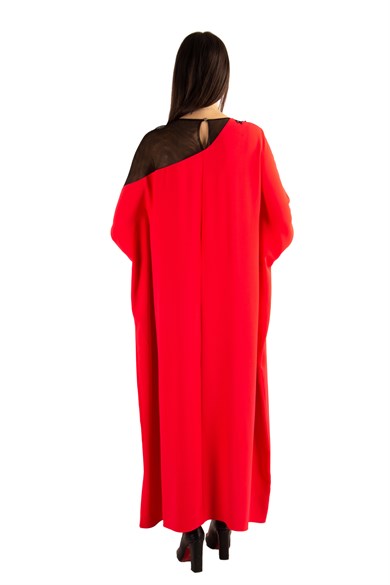 Batwing Sleeve Long Big Size Dress With Lace and Tulle Detail - Red