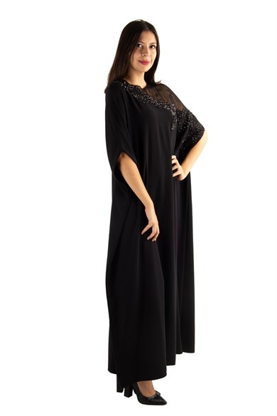 Batwing Sleeve Long Big Size Dress With Lace and Tulle Detail - Black