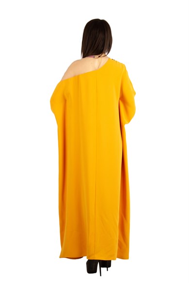 Batwing Sleeve Long Big Size Dress With Lace and Tulle Detail - Mustard