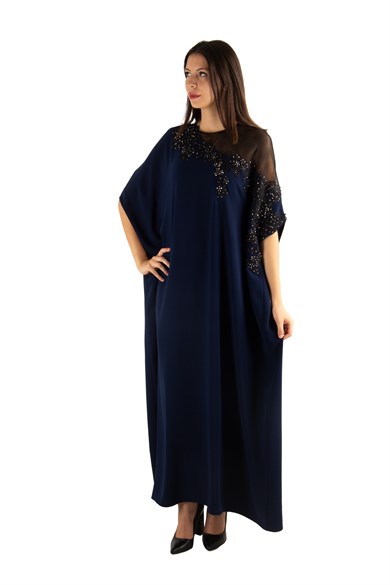 Batwing Sleeve Long Big Size Dress With Lace and Tulle Detail