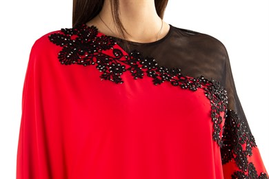 Batwing Sleeve Long Big Size Dress With Lace and Tulle Detail - Red