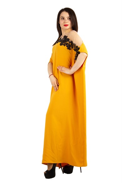 Batwing Sleeve Long Dress With Lace and Tulle Detail - Mustard