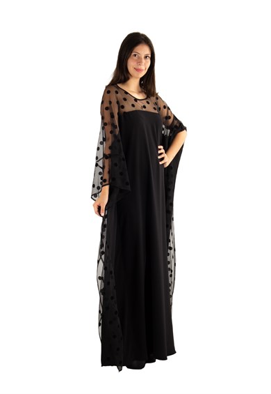 Batwing Sleeve Long Dress With Lace and Tulle Detail On The Chest - Black