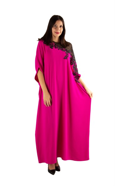 Batwing Sleeve Long Dress With Lace and Tulle Detail - Fuchsia