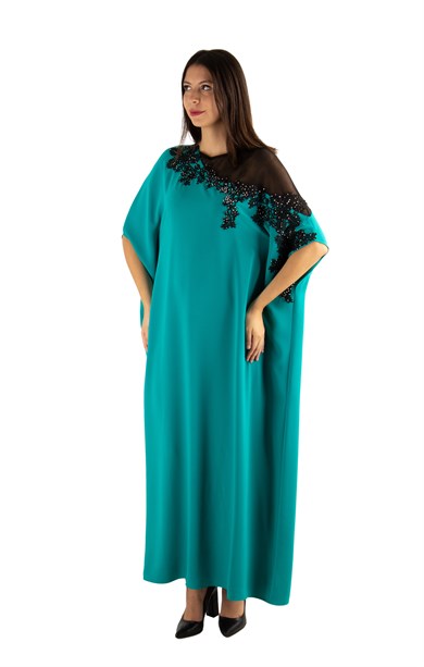 Batwing Sleeve Long Dress With Lace and Tulle Detail - Benetton Green