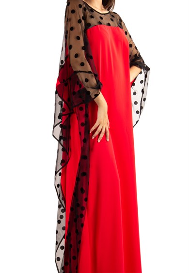 Batwing Sleeve Long Dress With Lace and Tulle Detail On The Chest - Red