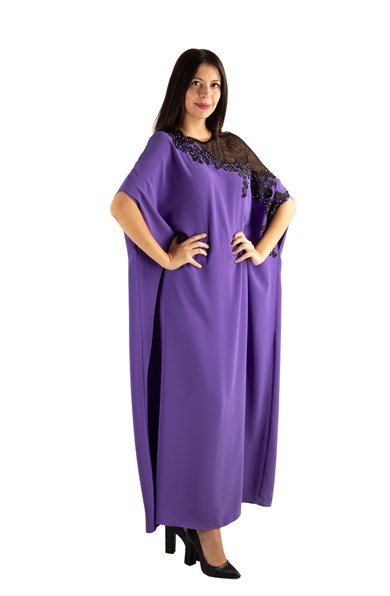 Batwing Sleeve Long Dress With Lace and Tulle Detail - Violet