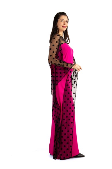 Batwing Sleeve Long Dress With Lace and Tulle Detail On The Chest - Fuchsia
