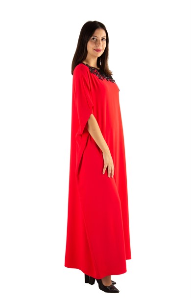 Batwing Sleeve Long Dress With Lace and Tulle Detail - Red