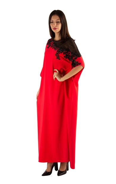 Batwing Sleeve Long Dress With Lace and Tulle Detail - Red