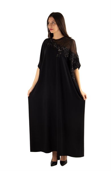 Batwing Sleeve Long Dress With Lace and Tulle Detail - Black