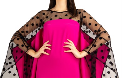 Batwing Sleeve Long Dress With Lace and Tulle Detail On The Chest - Fuchsia