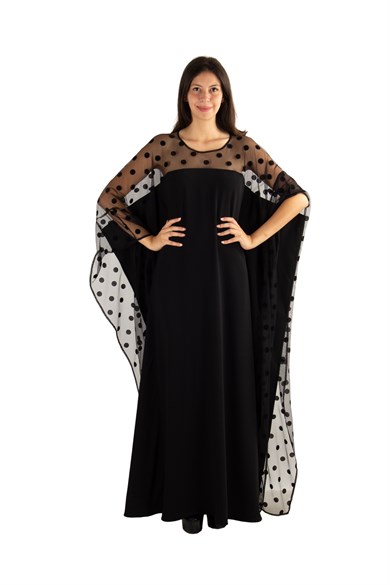 Batwing Sleeve Long Dress With Lace and Tulle Detail On The Chest - Black