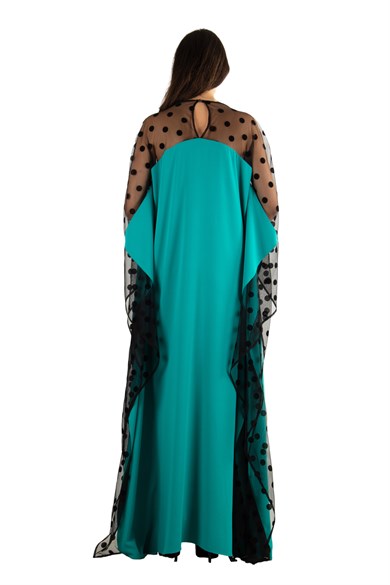 Batwing Sleeve Long Dress With Lace and Tulle Detail On The Chest