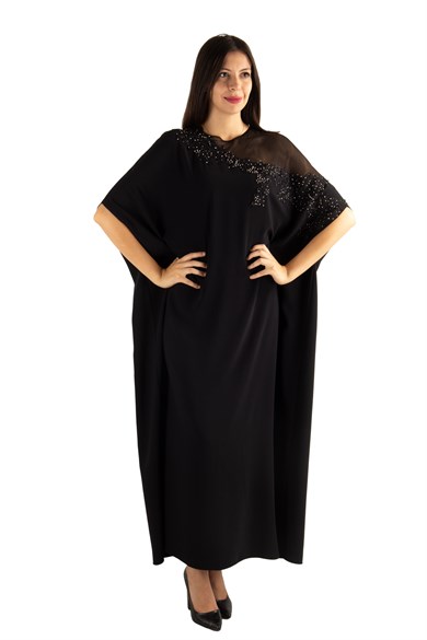 Batwing Sleeve Long Dress With Lace and Tulle Detail - Black