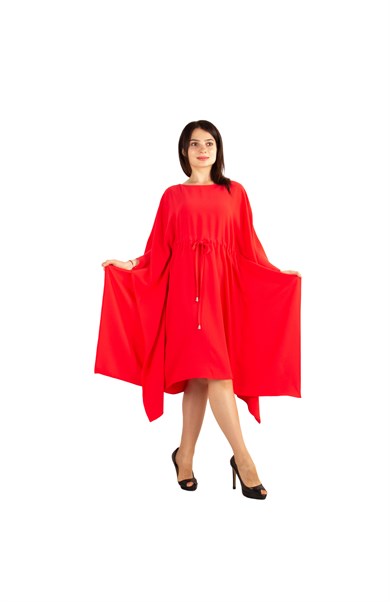 Batwing Tie Waist Dress - Red