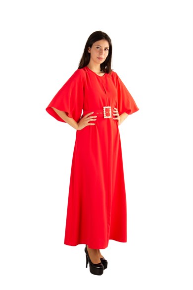 Bell Sleeve Long Big Size Dress With Pearl Belt - Red