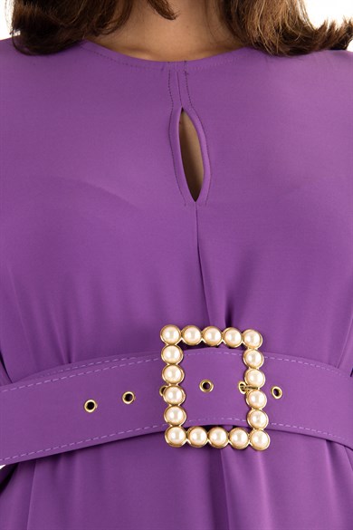 Bell Sleeve Long Big Size Dress With Pearl Belt - Purple