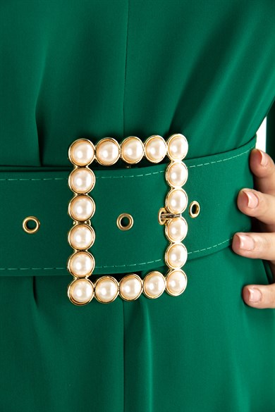 Bell Sleeve Long Big Size Dress With Pearl Belt - Emerald Green