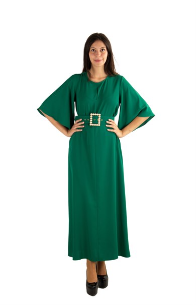 Bell Sleeve Long Big Size Dress With Pearl Belt - Emerald Green