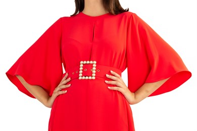 Bell Sleeve Long Dress With Pearl Belt - Red