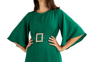 Bell Sleeve Long Dress With Pearl Belt - Emerald Green
