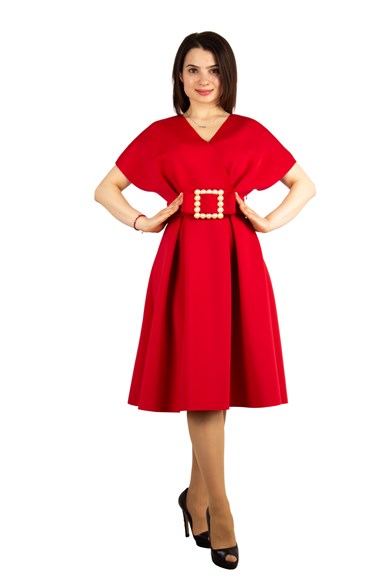 Big Size V- Neck Flare Scuba Dress With Pearl Belt - Red