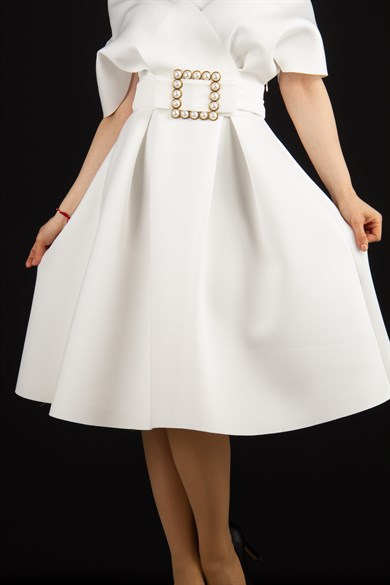 Big Size V- Neck Flare Scuba Dress With Pearl Belt - White