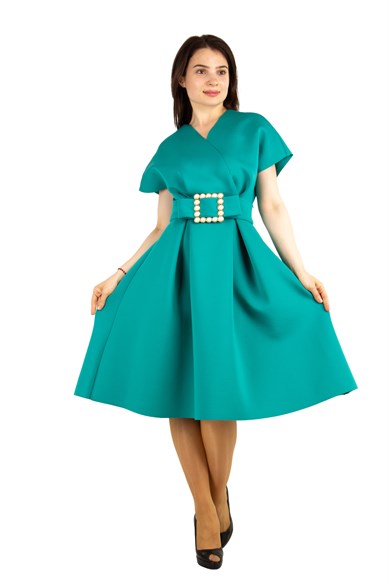 Big Size V- Neck Flare Scuba Dress With Pearl Belt - Benetton Green
