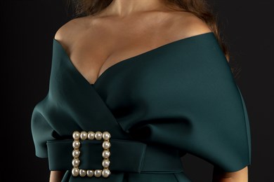 Big Size V- Neck Flare Scuba Dress With Pearl Belt - Emerald Green