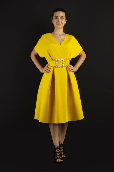 Big Size V- Neck Flare Scuba Dress With Pearl Belt - Mustard