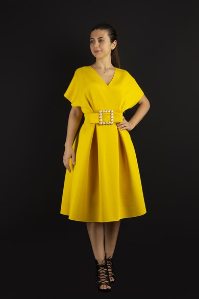 Big Size V- Neck Flare Scuba Dress With Pearl Belt - Mustard