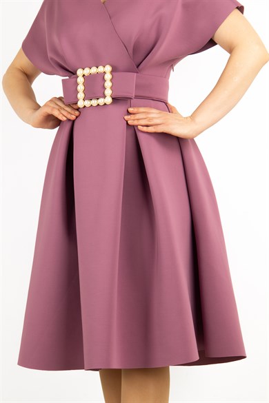Big Size V- Neck Flare Scuba Dress With Pearl Belt - Rusty Rose