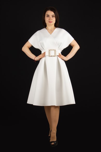 Big Size V- Neck Flare Scuba Dress With Pearl Belt - White