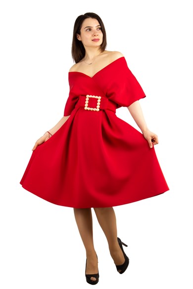 Big Size V- Neck Flare Scuba Dress With Pearl Belt - Red