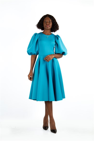 Bishop Sleeve Scuba Dress - Petrol Blue