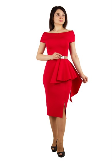 Boat Neck Draped Scuba Dress With Belt - Red