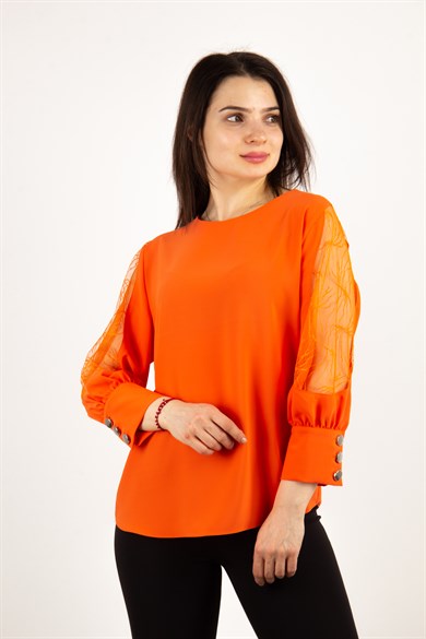 Boat Neck Lace Sleeve Blouse - Orange