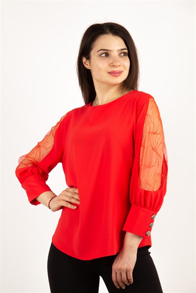 Boat Neck Lace Sleeve Blouse - Red