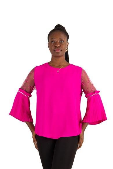 Boat Neck Pleated Lace Detail Sleeves Big Size Blouse - Fuchsia