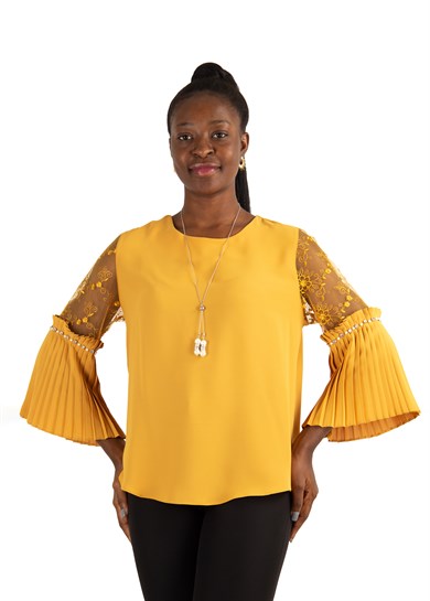 Boat Neck Pleated Lace Detail Sleeves Blouse - Mustard