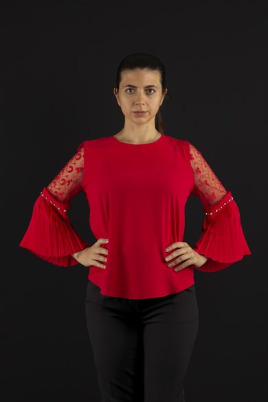 Boat Neck Pleated Lace Detail Sleeves Blouse - Red