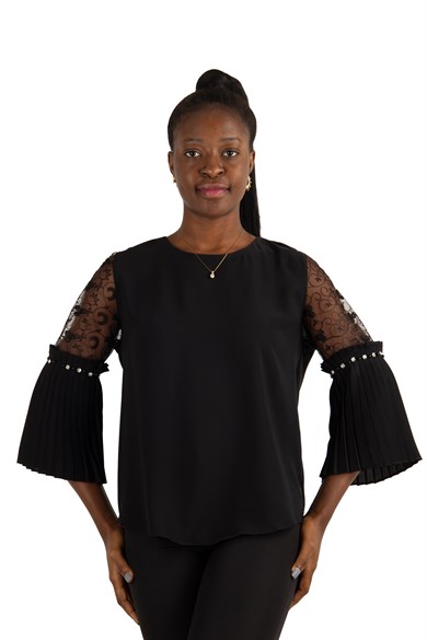 Boat Neck Pleated Lace Detail Sleeves Big Size Blouse - Black