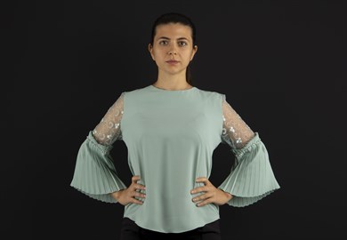 Boat Neck Pleated Lace Detail Sleeves Big Size Blouse - Mint Green