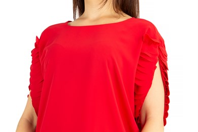 Boat Neck Ruffle Sleeve Blouse - Red