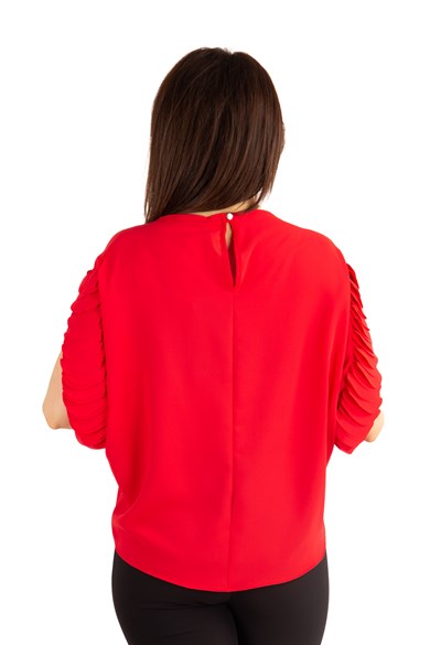 Boat Neck Ruffle Sleeve Blouse - Red
