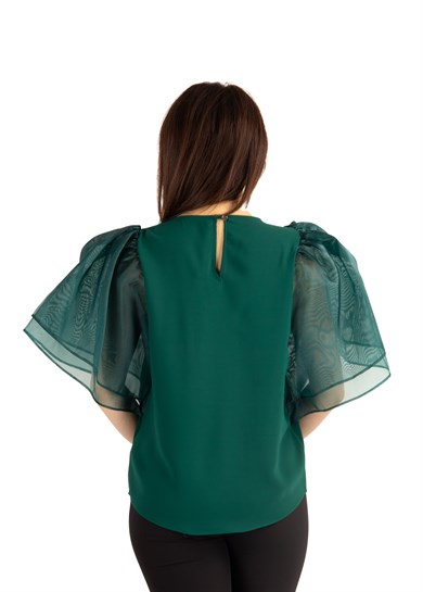 Boat Neck Ruffle Tulle Sleeve Blouse - Emerald Green